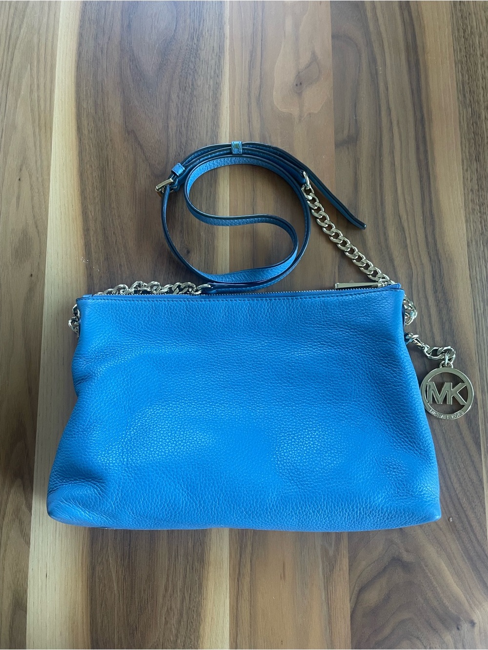 Michael Kors Deep Sky Blue Pebbled Leather Crossbody with Gold Chain